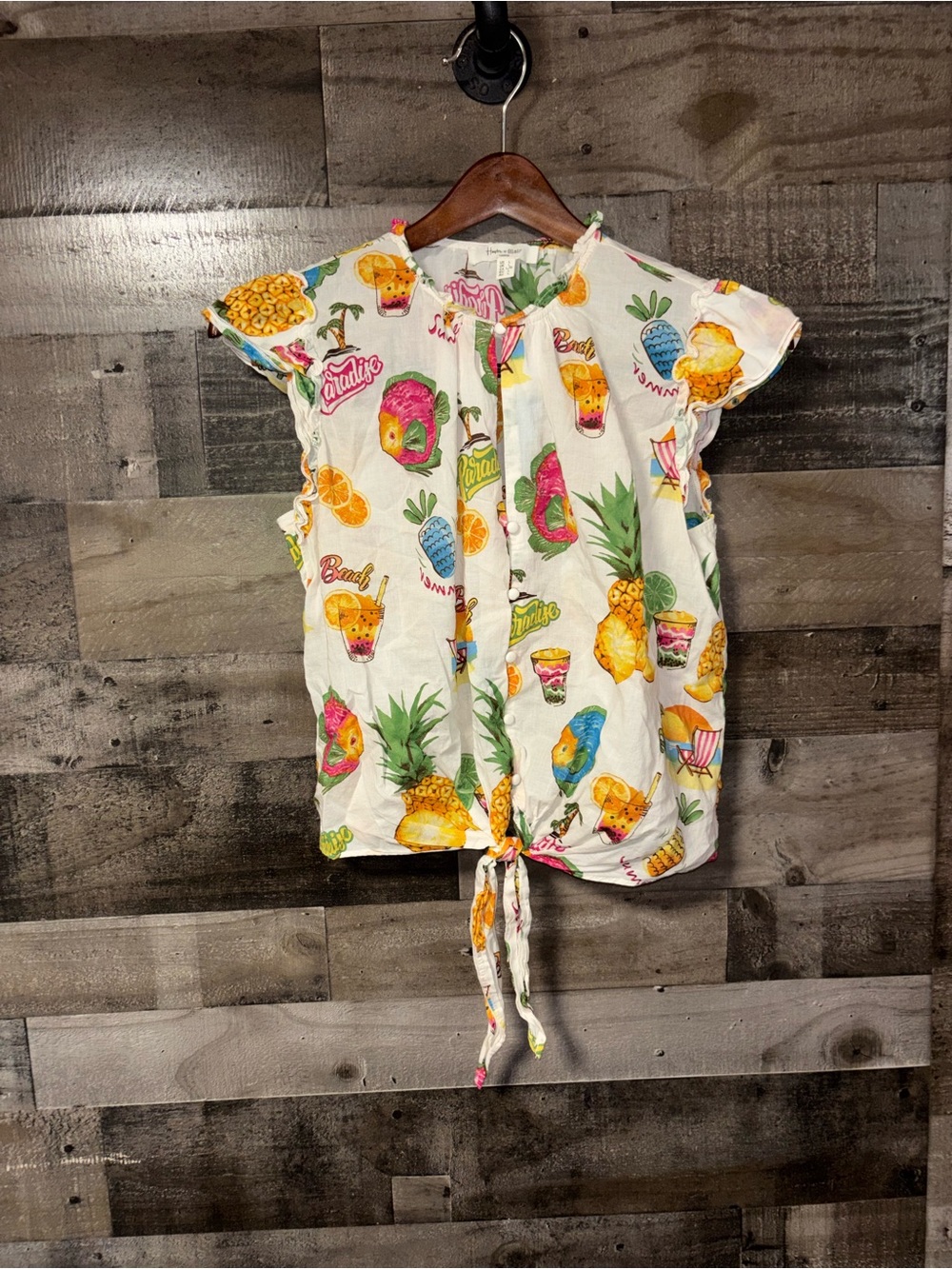 White Tropical Tie-Front Crop Top with Fruit Print - Women L